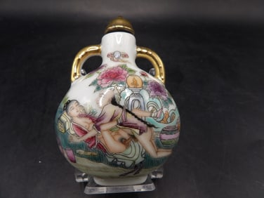 rare antique Chinese porcelain snuff bottle with erotica scene and Chinese calligraphy signed