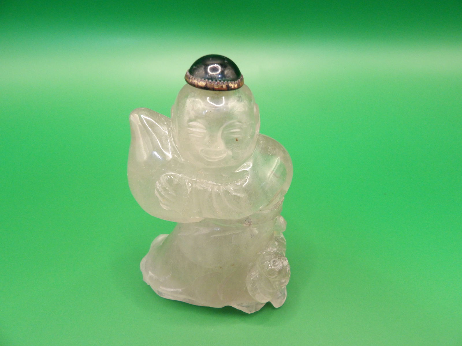 antique Chinese rock crystal boy holding peach snuff bottle with carved bat (1 of 7)