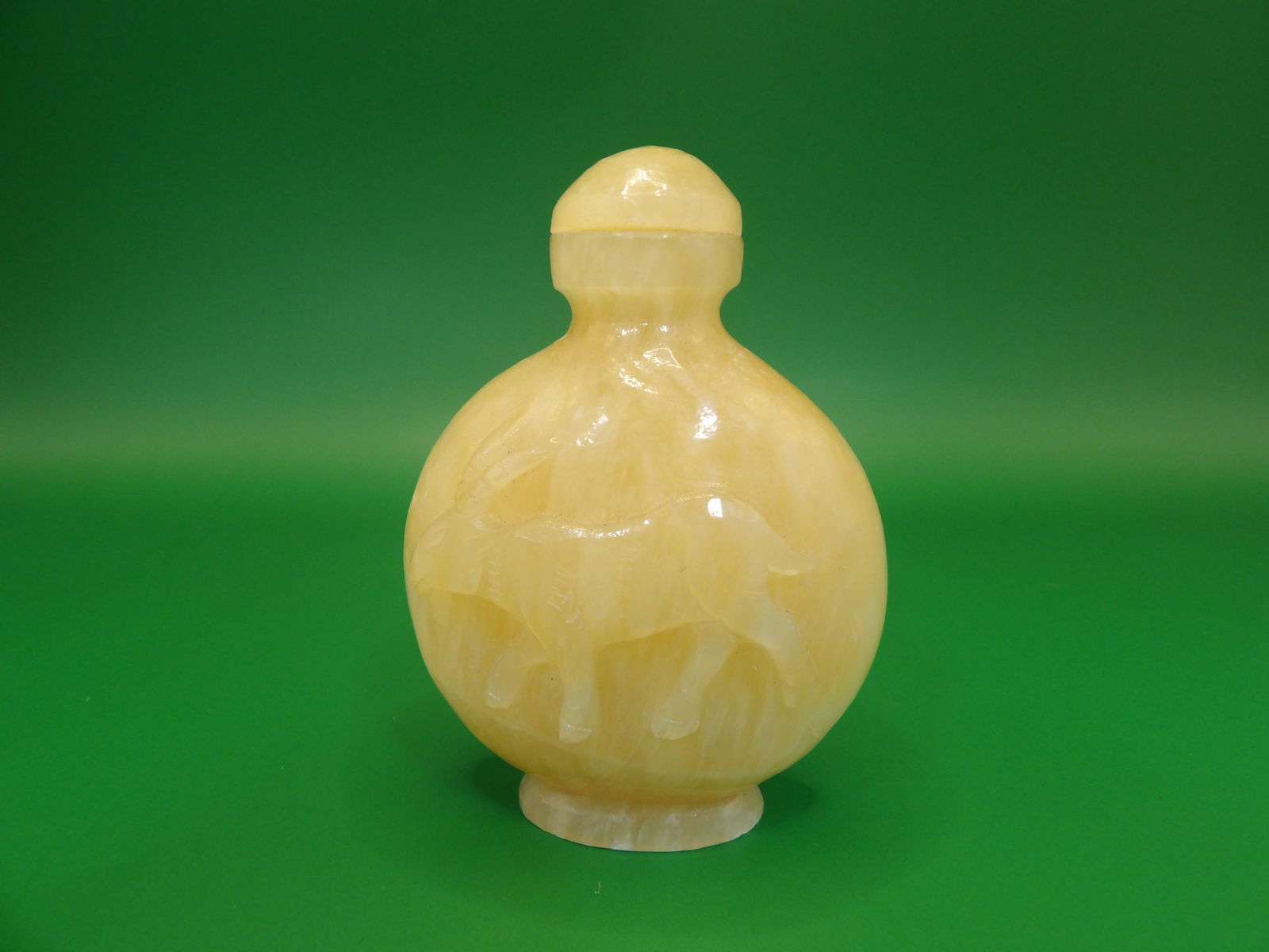 Chinese antique carved raised rabbit and goat motif snuff bottle: 2.6 inches height.