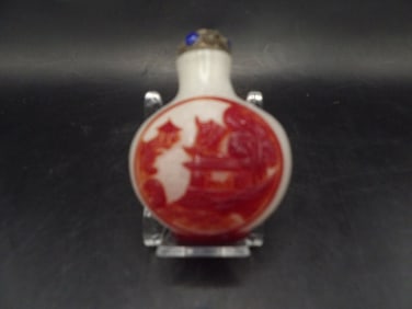 Qing dynasty Chinese overlay scenary panel glass snuff bottle