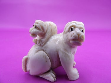Japanese netsuke fine carving of baby dog on top of mother dog - No Export