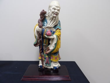 antique Chinese roof tile Longevity God secured on wooden bases