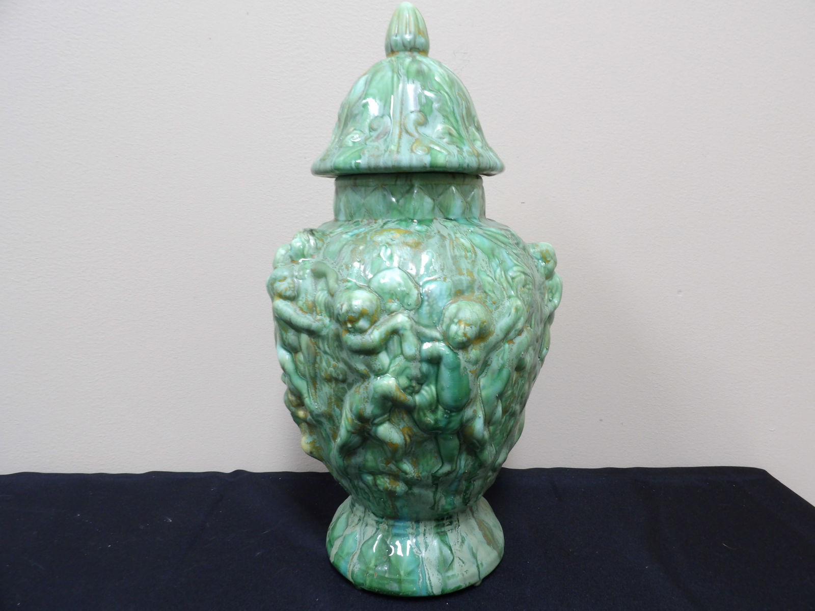 vintage Cerart Monaco ginger jar with raised Cherub angels: 14.5 inches height.