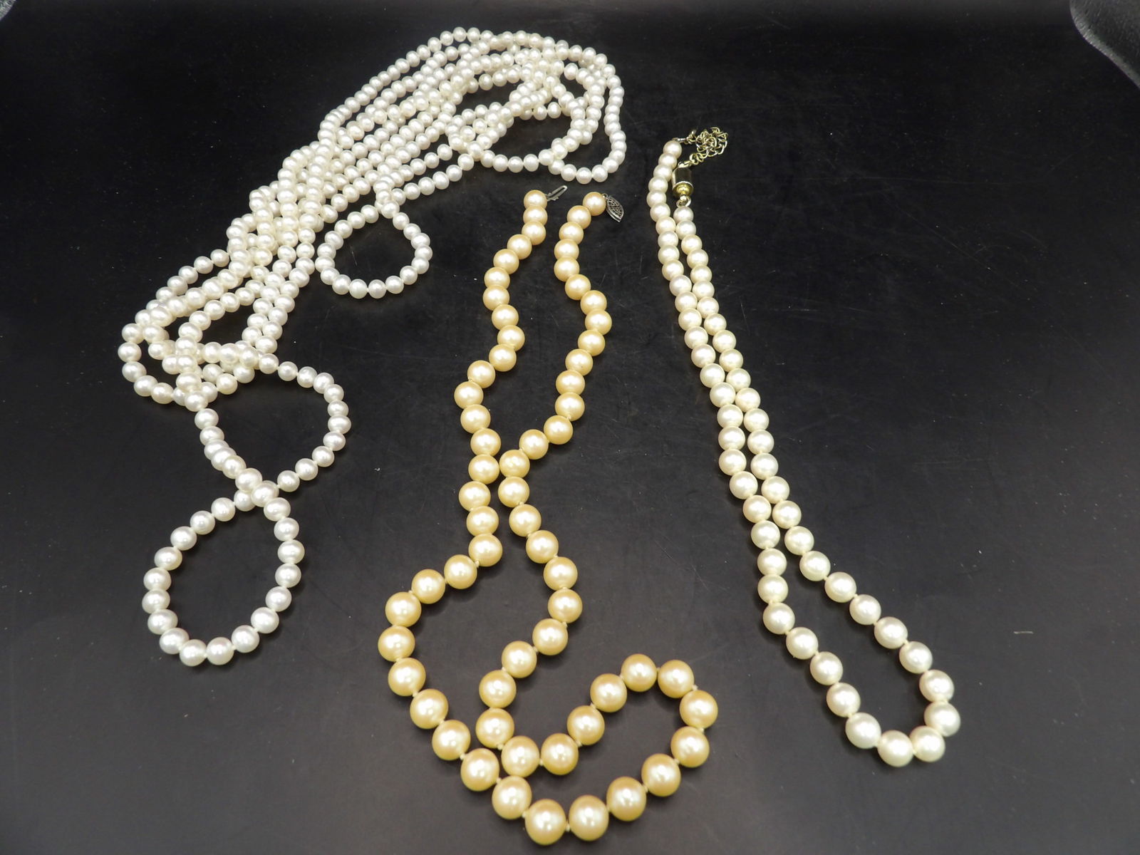 Lot of 3 champagne and white color pearl necklaces including 100 inches length (1 of 5)