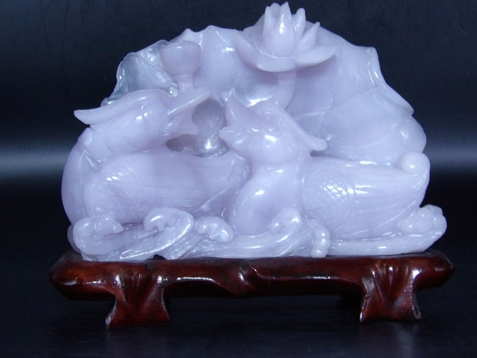 Chinese Lavender Jadeite or Fluorite Carved Ducks Lotus (1 of 3)