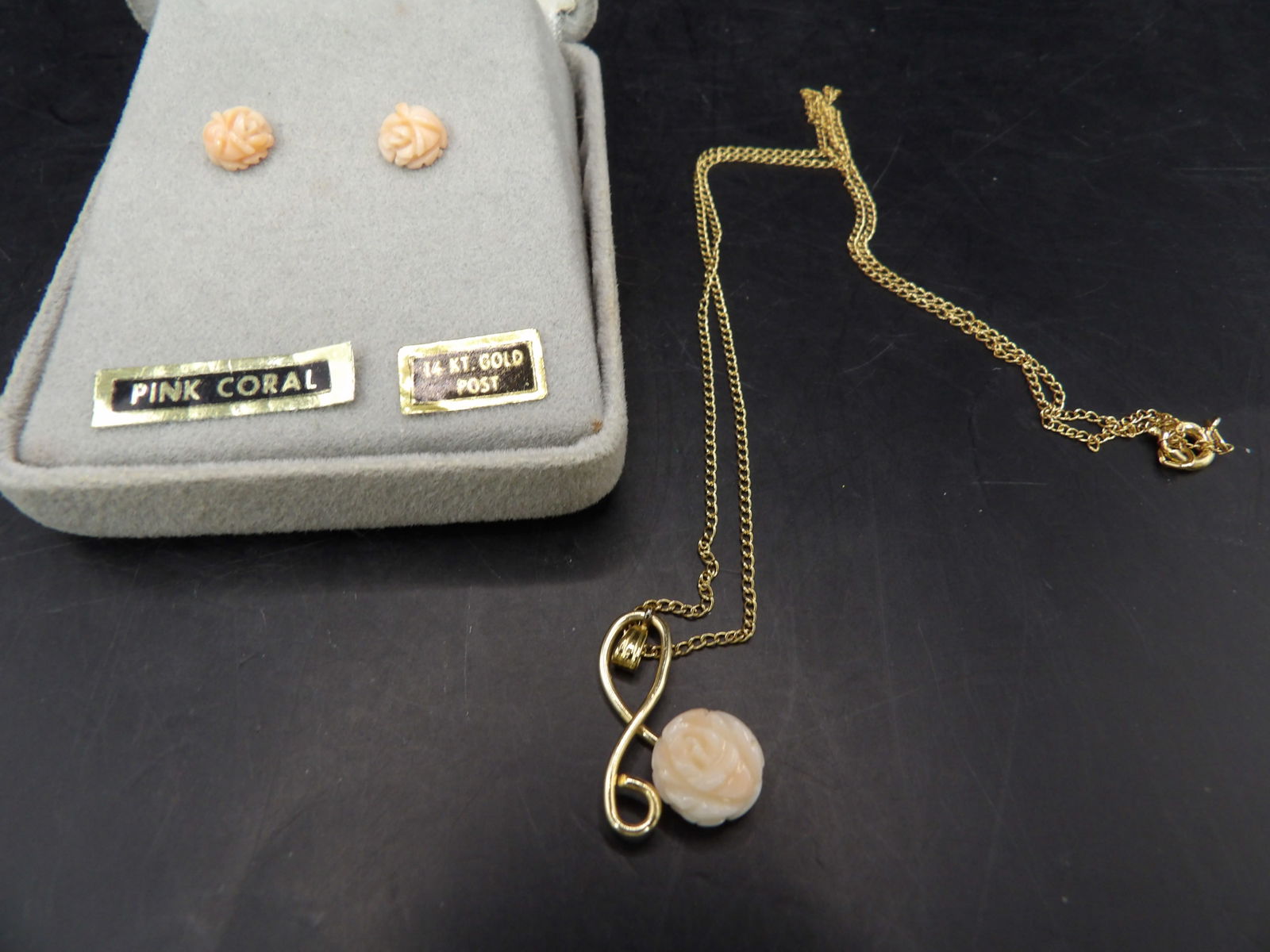 carved pink coral floral pendant necklace and 14k gold post coral earring set (1 of 5)