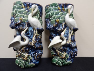 lot of 2 Chinese Majolica cranes pine trees wall vases