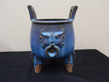 Chinese Jun Kiln porcelain incense burner with mask faces