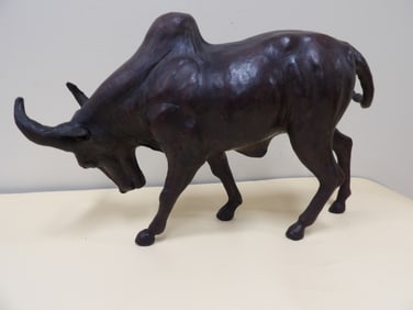vintage leather wrapped 14 inches charging bull figurine statue