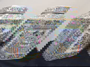 lot of 2 Chinese famille rose hexagon shaped lidded cookie jar with Qing dynasty Guangxu mark