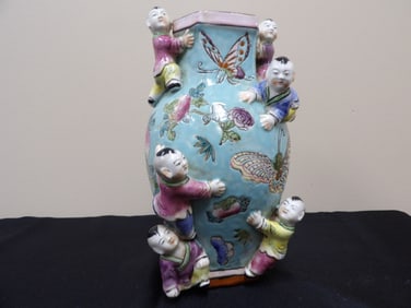 Chinese fertility vase with Qing dynasty Jiajing mark and boys climbing scene