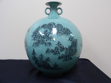 Korean celadon porcelain vase with handles and 4 panels of scenery signed