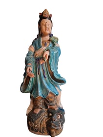 very rare antique 19th century Chinese Shiwan pottery Kwan Yin standing on a beast 33 inches