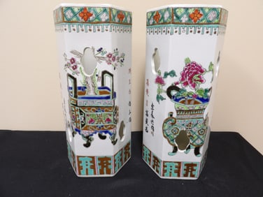 lot of 2 Chinese hand painted porcelain hat stand vibrant colors with Qing dynasty Tongzhi mark