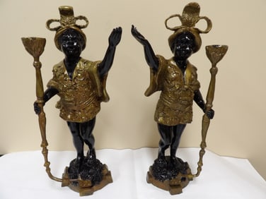 lot of 2 antique gilt bronze blackamoor figural candle holder set
