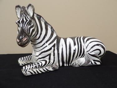 Large signed Italy 1960 hand painted ceramic reclining zebra sculpture