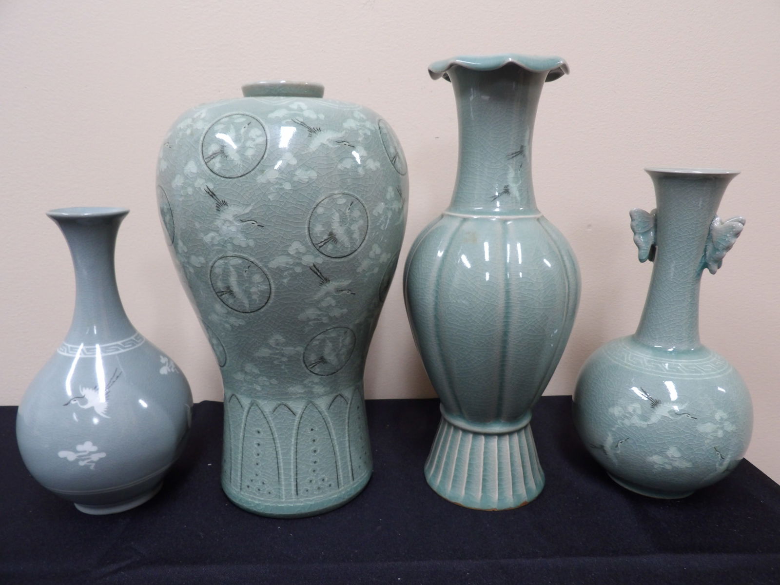 lot of 4 antique or vintage Korean celadon porcelain vases with crane motif signed (1 of 7)
