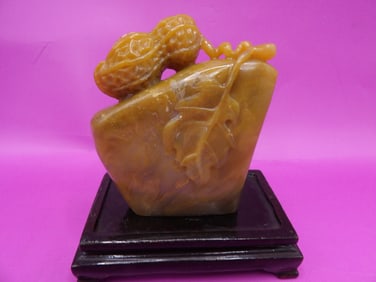 Chinese shoushan stone fine carved boulder with peanuts on top