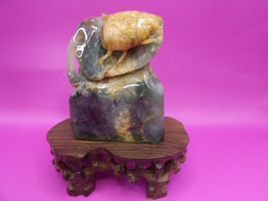 Chinese jade boulder carved of a ladybug on leaf statue