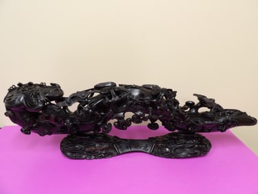 MASSIVE extremely ornate fine carved Chinese wooden scepter on stand 30 inches length