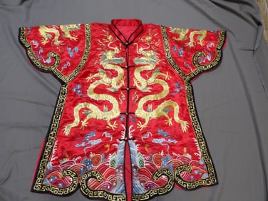 Chinese fine gold thread embroidery dragon red color gown striking colors