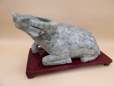 Chinese jade water buffalo statue on wooden base