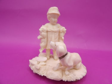 Rare antique fine carving of a boy and 3 dogs - No Export