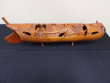 Chinese antique carved bamboo boat with 4 men great details