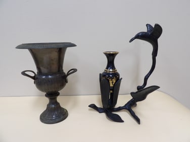 Lot of 3 bronze urn, bronze bird figurine and mini 24k gold gilt vase