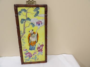 Chinese antique finely hand painted porcelain plaque in wooden frame