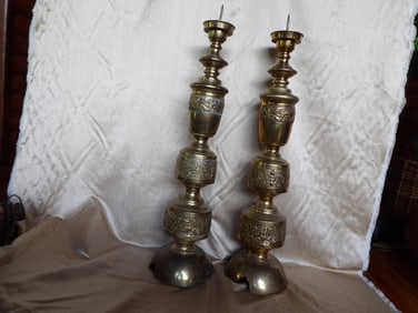 rare lot of 2 very tall James Mont Asian Inspired brass floor candle holders