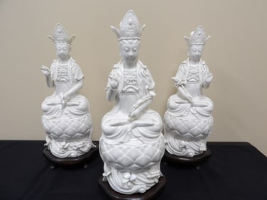 Lot of 3 Chinese Blanc De China Dehua porcelain Kwan Yin statue with wooden base