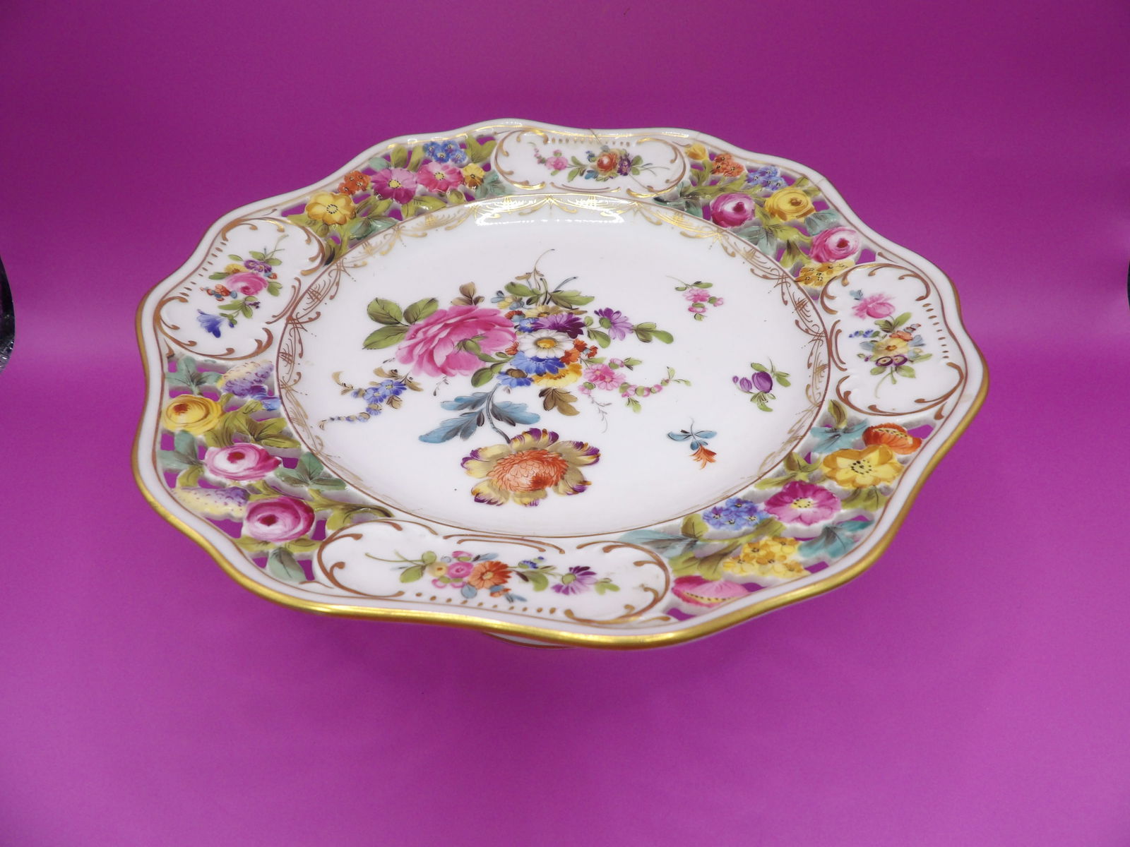 Dresden Carl Thieme Germany Floral Pierced Pedestal compote: Size is 8.5 x 8.5 x 3.6 inches.