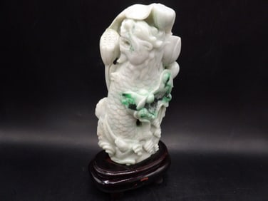 Chinese jadeite jade carving of double dragon fish with lotus pond scene