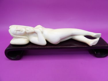 Rare very fine Chinese antique Doctor's Lady carving on wooden base - No Export