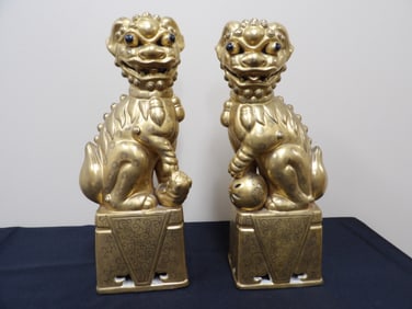 Rare Chinese Qing dynasty gold gilt porcelain foo dog pair lot of 2 19th century