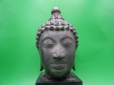 Antique Asian Thai bronze buddha head mounted on wood base