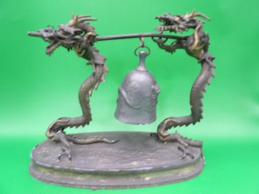 Asia Chinese or Japanese gold gilt double dragon fine bronze statue signed on the bottom