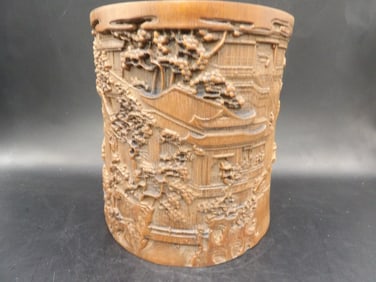 Very ornate carved Chinese bamboo brush pot
