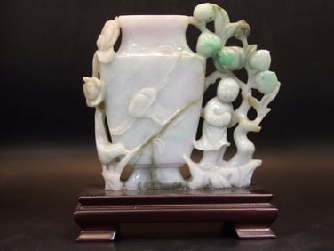 Chinese Qing Dynasty Jadeite Jade Boy Vase Carving on wooden base