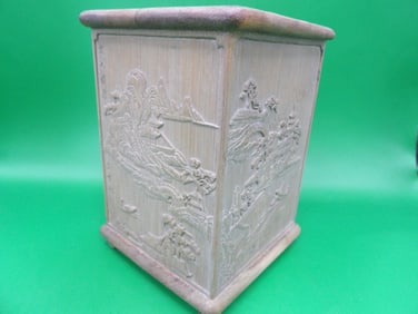 Chinese carved wooden square brush holder with Chinese calligraphy signed