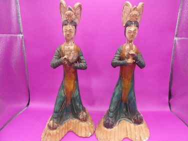 pair of Chinese Tang Sancai pottery musician figurines