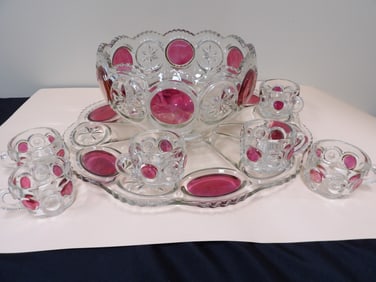 lot of 8 Tiffin Franciscan moon and star pattern punch bowl 6 cups and large serving tray