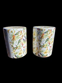 lot of 2 Chinese porcelain garden stools with colorful birds and tree branches