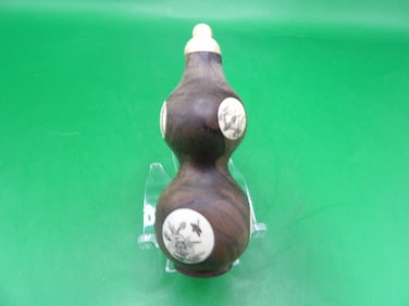 rare Chinese wood carved gourd shaped snuff bottle with panels of bone carving calligraphy