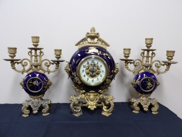 Lot of 3 antique cobalt blue porcelain candle holders and clock set gold gilt