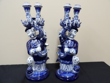 Pair blue and white porcelain figural dragon Chinese style candle holders lot of 2