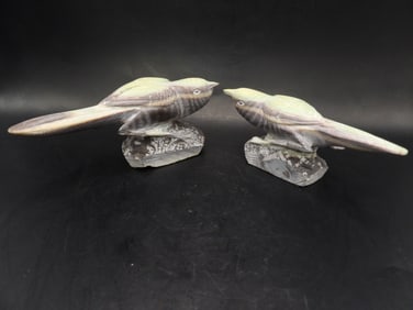 A pair of Chinese colorful stone bird carvings