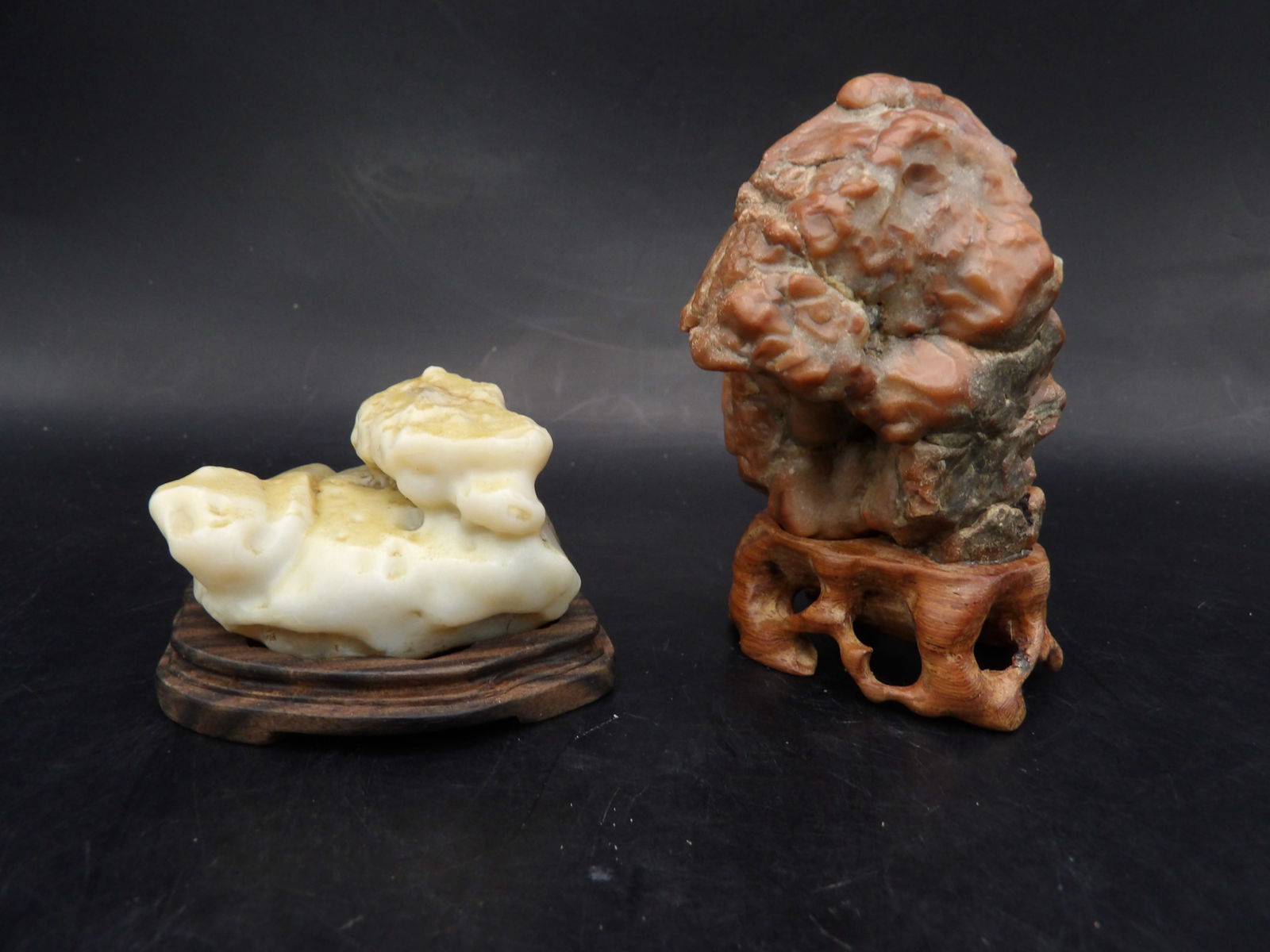 A pair of Chinese scholar stones with custom wooden stands: Taller one with stand is 3.2 inches.