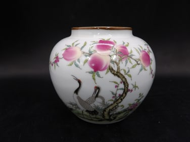 Chinese porcelain brush pot peaches cranes signed on the bottom
